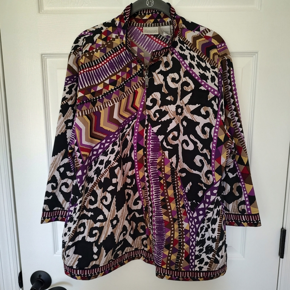 Chico's Zenergy Nema Jacket Mosiac Patchwork Mauve Black Abstract Lightweight XL